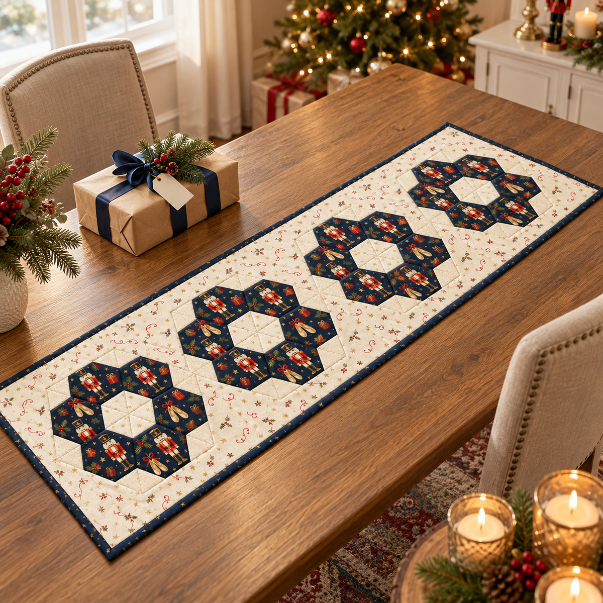 Nutcracker Noel table runner displayed beside a wrapped handmade gift