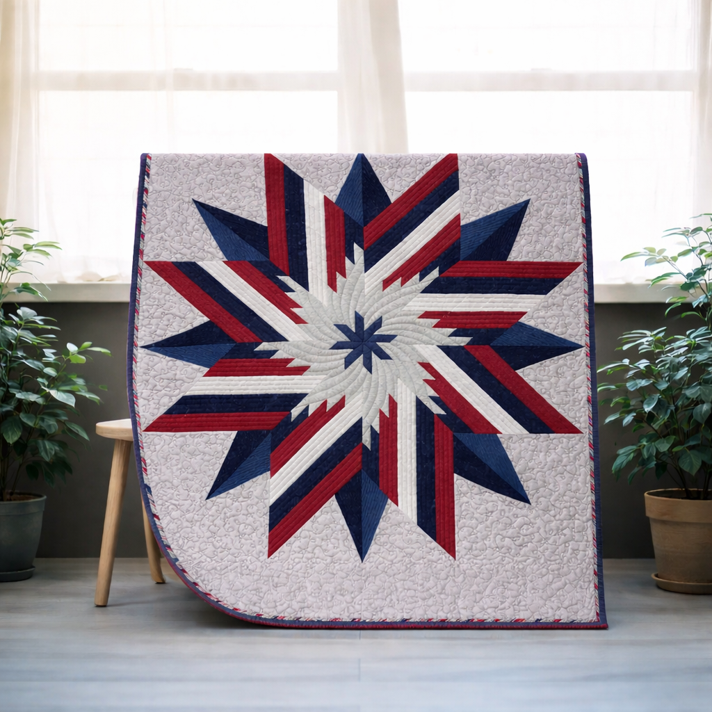 Patriotic Star quilt with red, white and blue Lone Star design on display – modern patchwork quilt PDF pattern instant download