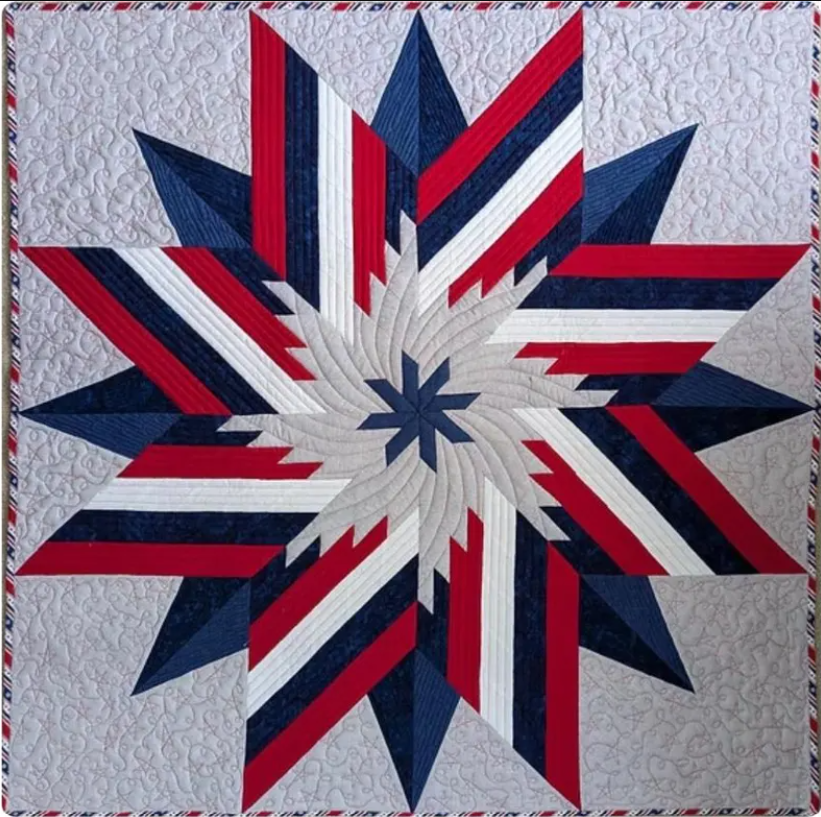 Close-up of Patriotic Lone Star quilt center – red, white & blue modern star patchwork quilt PDF pattern for quilters