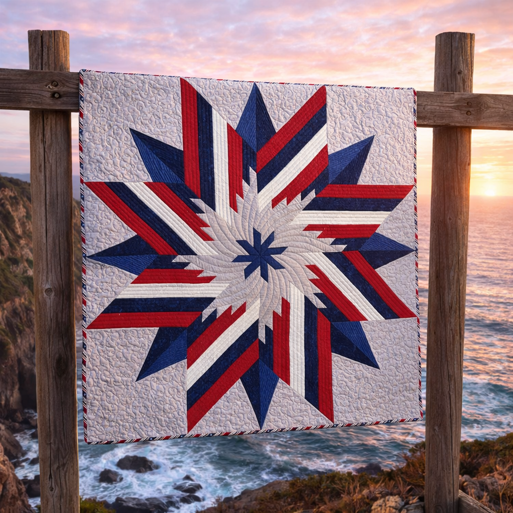Patriotic Lone Star quilt on rustic frame with ocean sunset backdrop – red white blue patchwork quilt PDF pattern