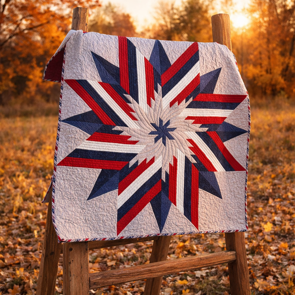 Modern Lone Star Quilt – patriotic wall quilt displayed on easel in autumn setting
