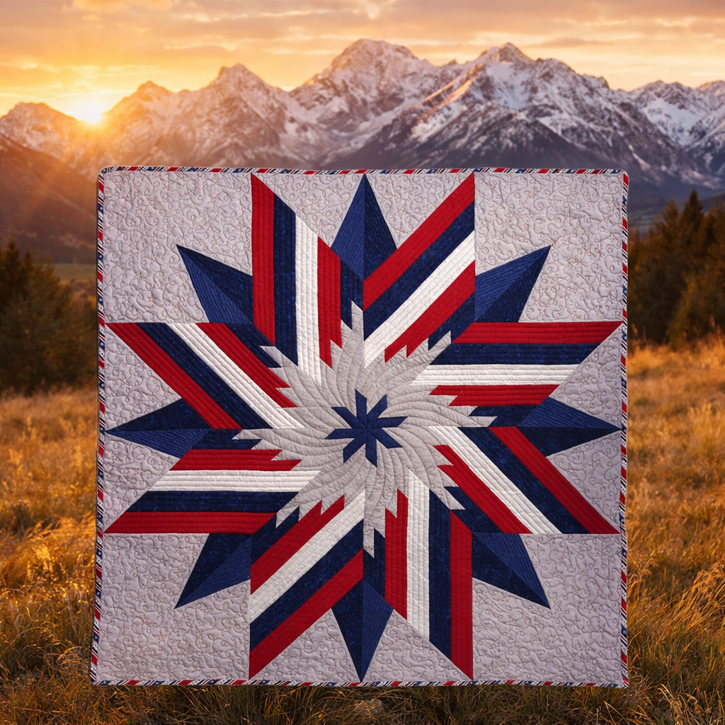 Red white and blue star quilt pattern – patriotic quilt design with mountain backdrop