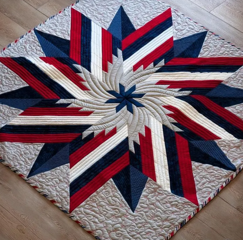 Lone Star Quilt pattern – red white blue patchwork design on wooden floor, PDF download