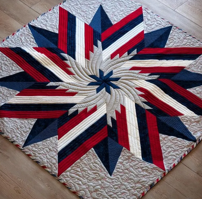 Lone Star Quilt pattern – red white blue patchwork design on wooden floor, PDF download