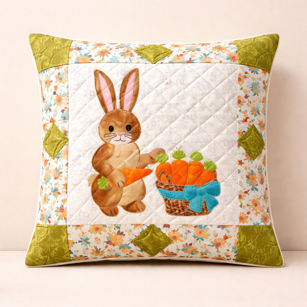 Easter bunny quilt pillow with appliqué bunny holding carrot basket – spring quilted pillow PDF pattern by Pattern Quilt