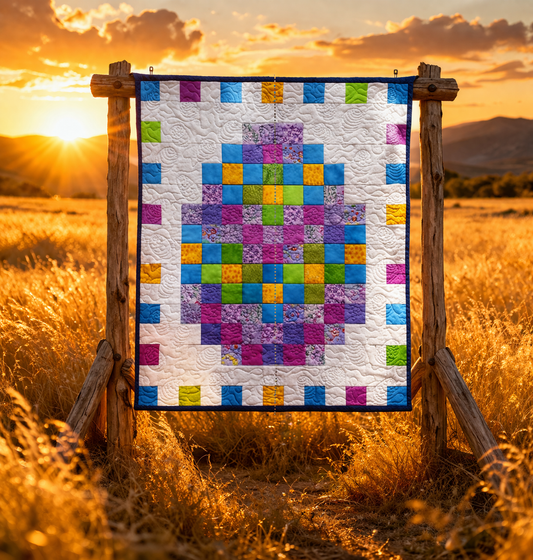 Pixel Easter egg quilt displayed on rustic frame at sunset – colorful spring patchwork quilt pattern PDF for beginners