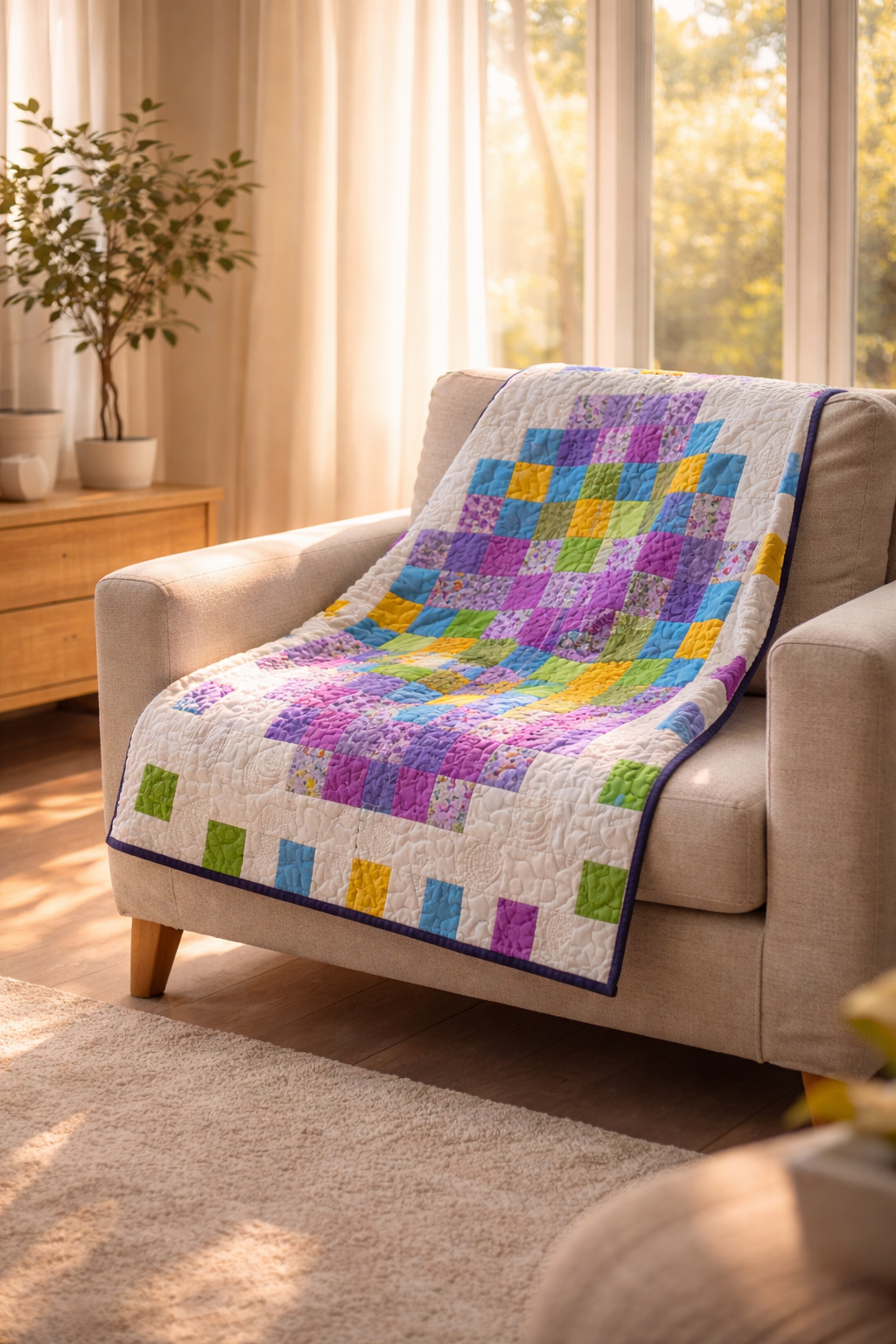 Pixel Easter egg quilt draped on armchair in sunny living room – spring home decor patchwork quilt PDF pattern