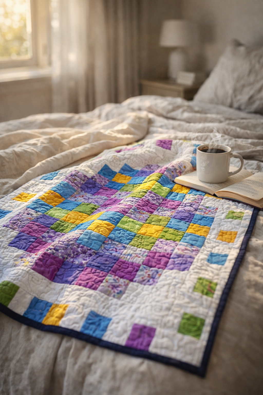Pixel Easter egg quilt on cozy bed with coffee – colorful 2-inch square patchwork design PDF pattern