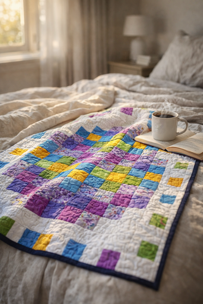 Pixel Easter egg quilt on cozy bed with coffee – colorful 2-inch square patchwork design PDF pattern