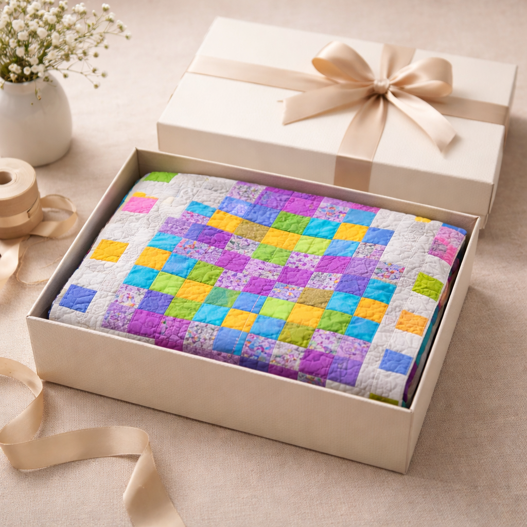 Pixel Easter egg quilt in gift box with ribbon – perfect Easter gift idea, beginner patchwork quilt PDF pattern