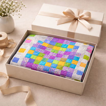 Pixel Easter egg quilt in gift box with ribbon – perfect Easter gift idea, beginner patchwork quilt PDF pattern