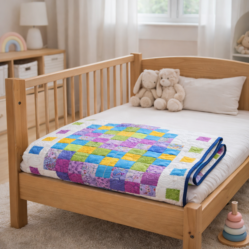 Pixel Easter egg quilt on children's nursery bed – colorful spring baby quilt PDF pattern using scrap fabrics