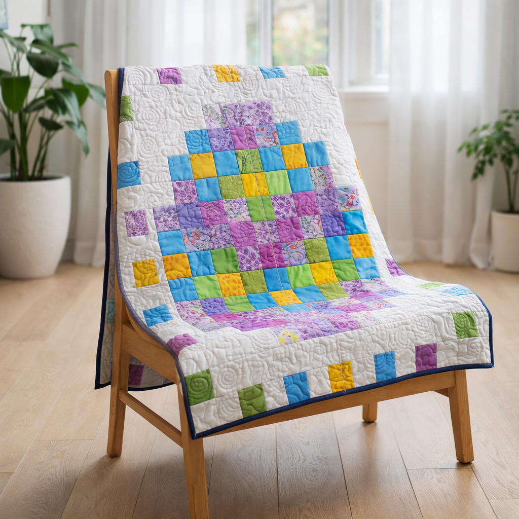 Pixel Easter egg quilt draped on wooden chair with plants – bright spring home decor quilt PDF pattern for beginners