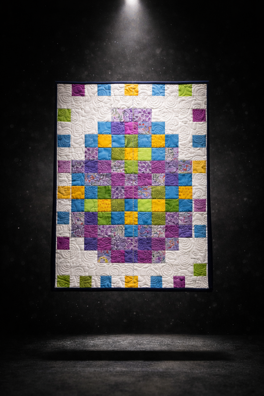 Pixel Easter egg quilt spotlit on dark wall – modern patchwork design PDF, 2-inch squares scrap-friendly quilt pattern