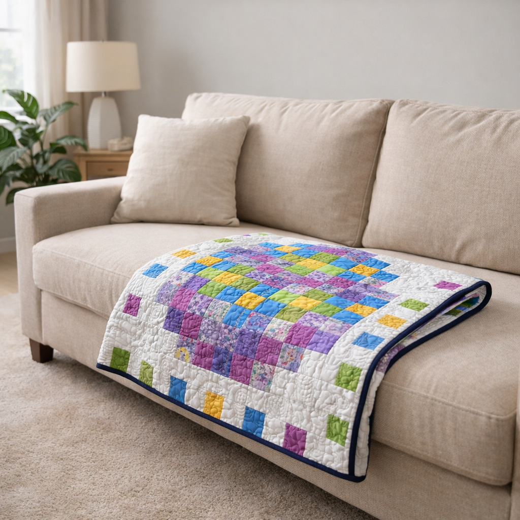 Pixel Easter egg quilt on living room sofa – colorful spring throw quilt PDF pattern, beginner-friendly patchwork design