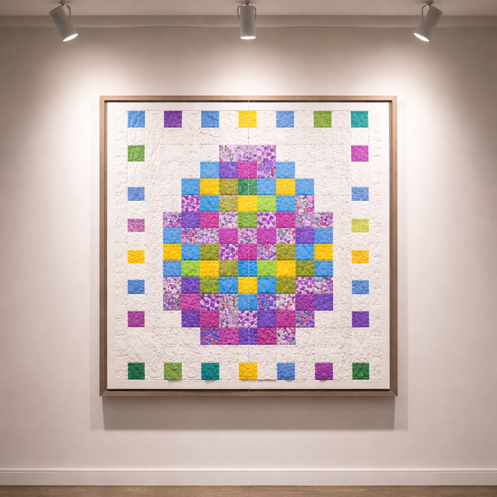 Pixel Easter egg quilt framed as wall art with gallery lighting – colorful patchwork quilt PDF, scrap-friendly beginner design