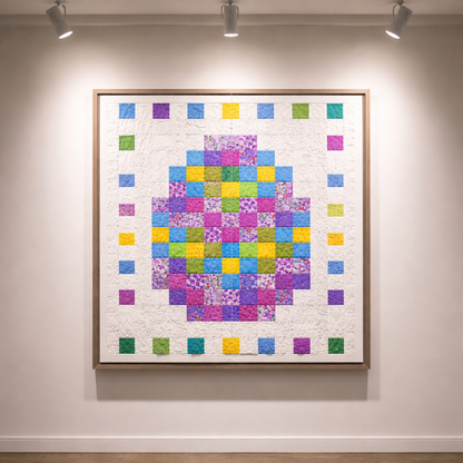 Pixel Easter egg quilt framed as wall art with gallery lighting – colorful patchwork quilt PDF, scrap-friendly beginner design