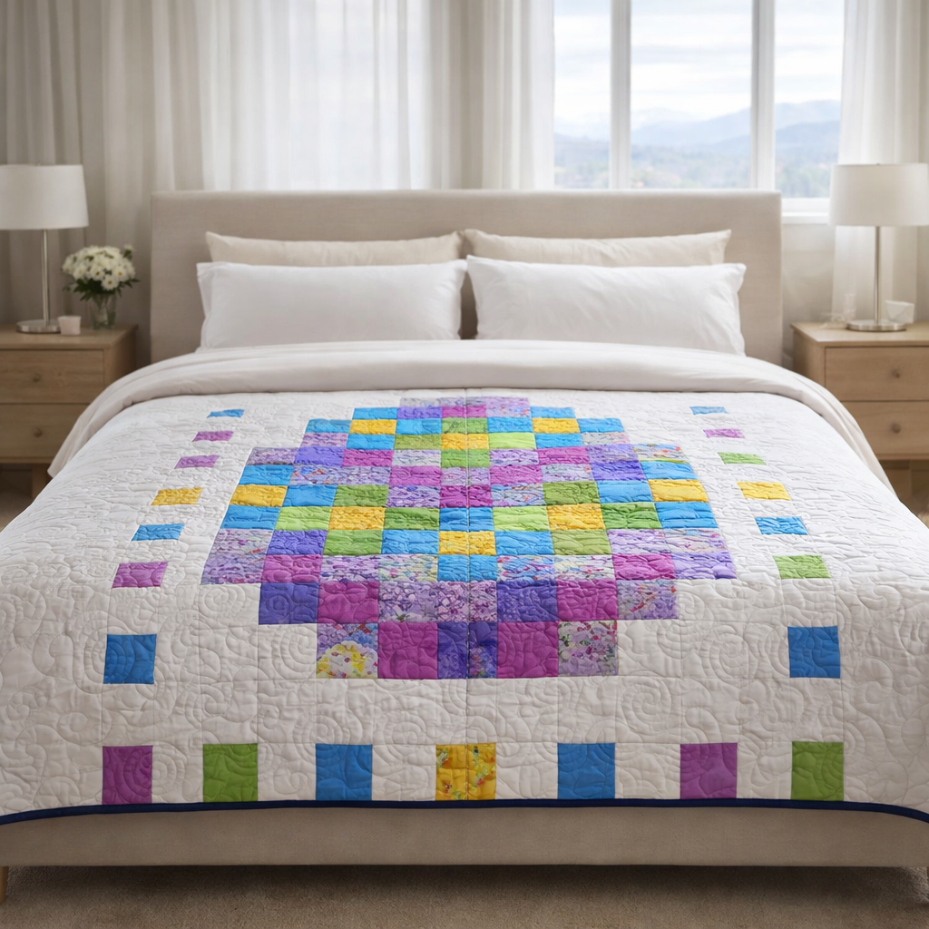 Pixel Easter egg quilt on bed as home decor – colorful spring bedroom quilt PDF pattern using 2-inch fabric squares