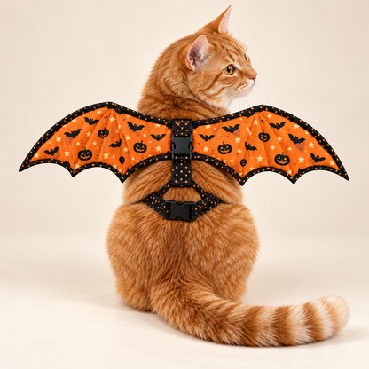Ginger cat wearing the orange Pumpkin Flight bat wing pet harness with black pumpkin and bat fabric prints against an ivory studio background