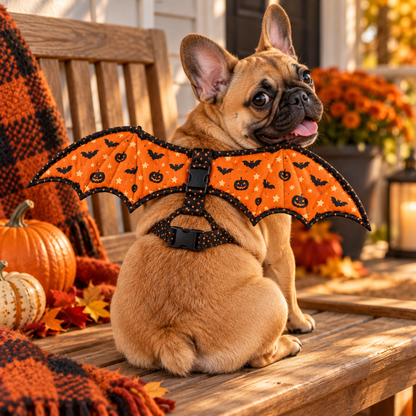 French Bulldog wearing the Pumpkin Flight orange bat wing costume harness on an autumn porch bench