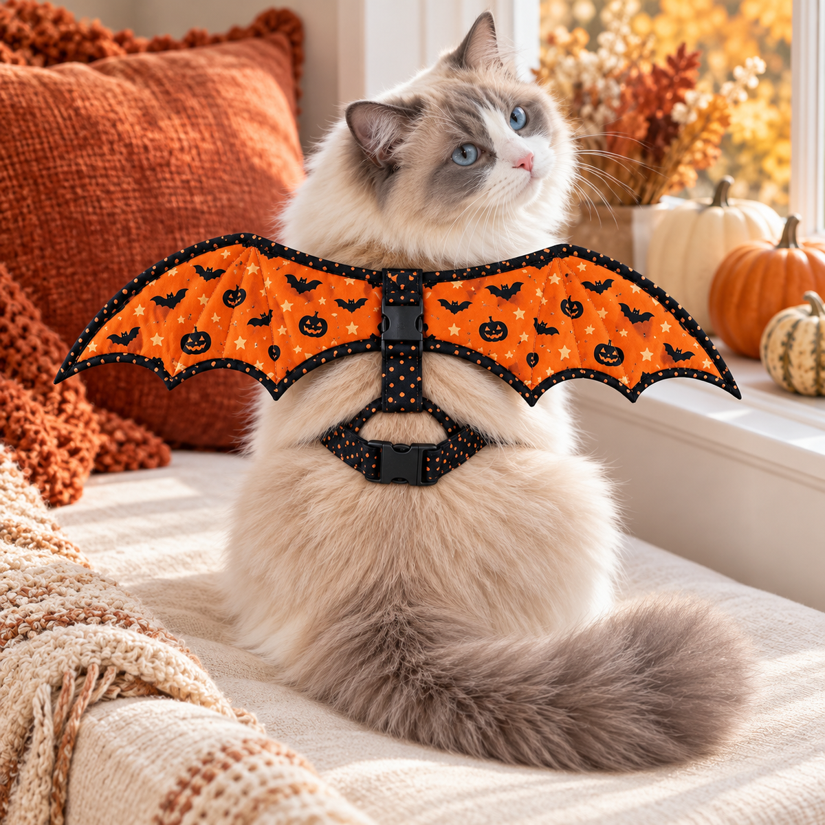 Blue-eyed Ragdoll cat wearing the Pumpkin Flight quilted bat wing harness beside a sunny autumn window