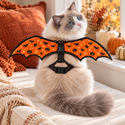 Blue-eyed Ragdoll cat wearing the Pumpkin Flight quilted bat wing harness beside a sunny autumn window