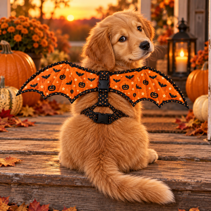 Golden Retriever puppy wearing the orange Pumpkin Flight bat wing harness on a porch at sunset