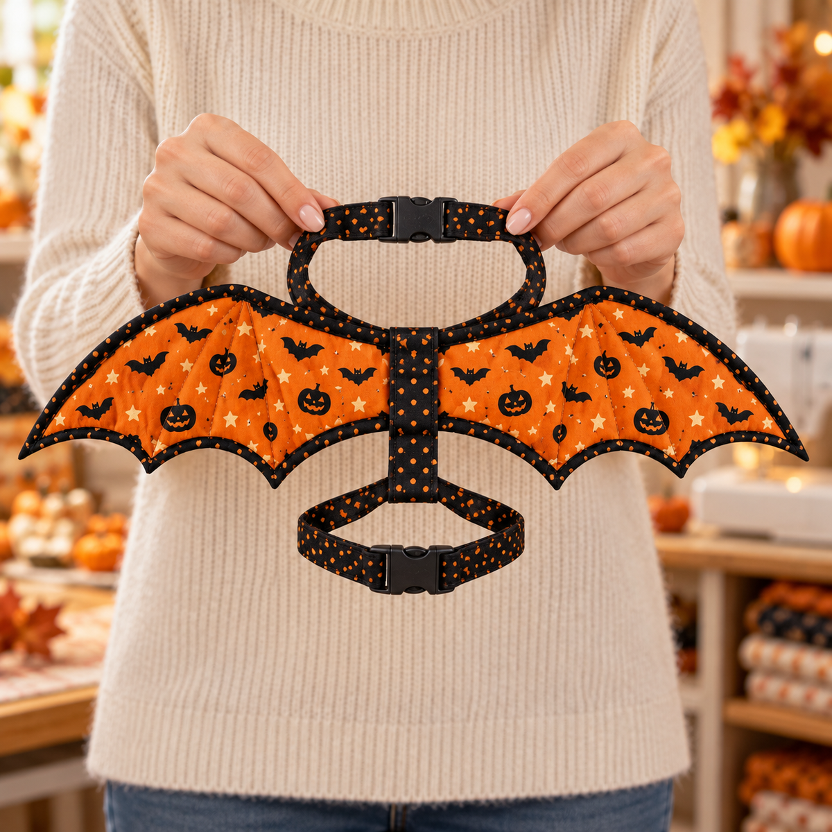 Hands presenting the Pumpkin Flight quilted orange bat wing pet harness with its connected neck and chest straps