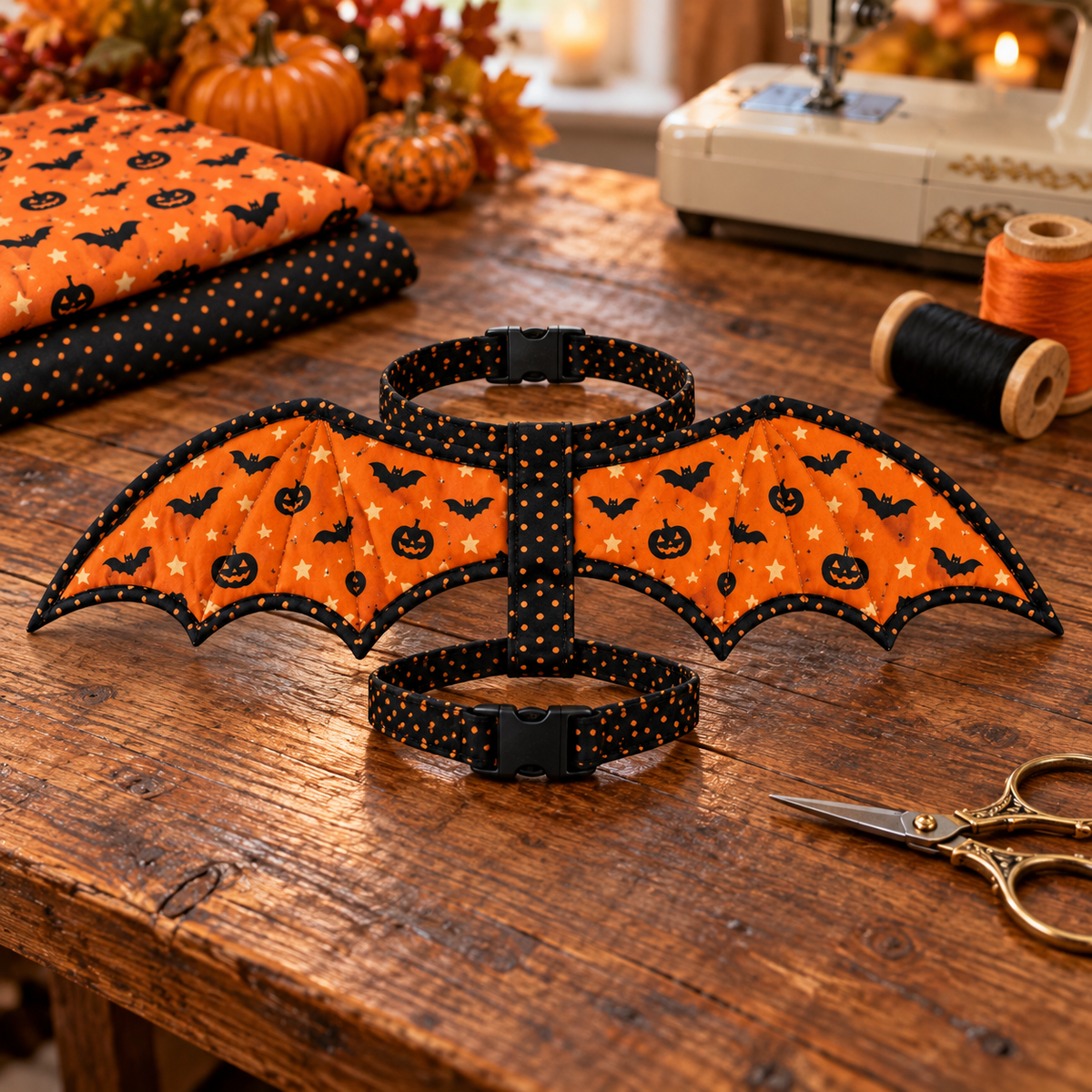 Finished Pumpkin Flight bat wing harness on a sewing table beside coordinating fabrics and thread