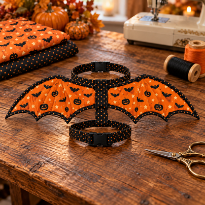 Finished Pumpkin Flight bat wing harness on a sewing table beside coordinating fabrics and thread