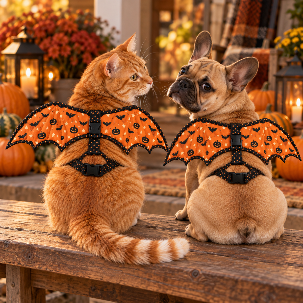 Ginger cat and French Bulldog wearing matching Pumpkin Flight orange bat wing harnesses on a Halloween porch