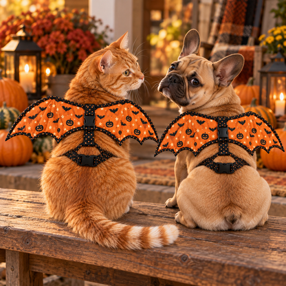 Ginger cat and French Bulldog wearing matching Pumpkin Flight orange bat wing harnesses on a Halloween porch