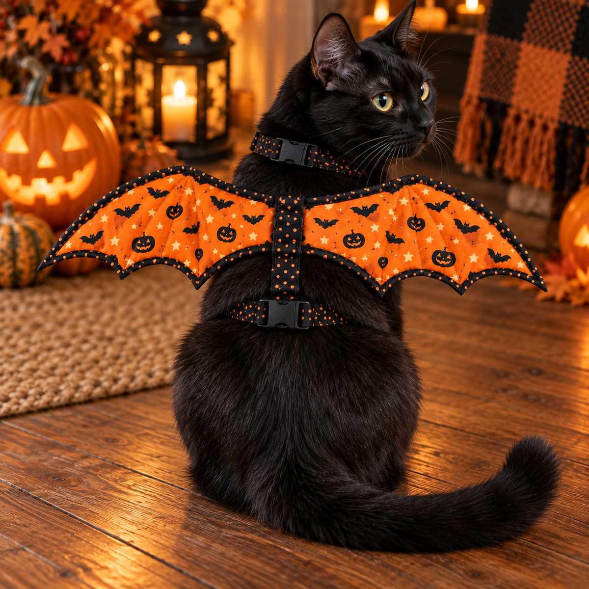 Black cat wearing the orange Pumpkin Flight bat wing harness in a warmly lit Halloween setting