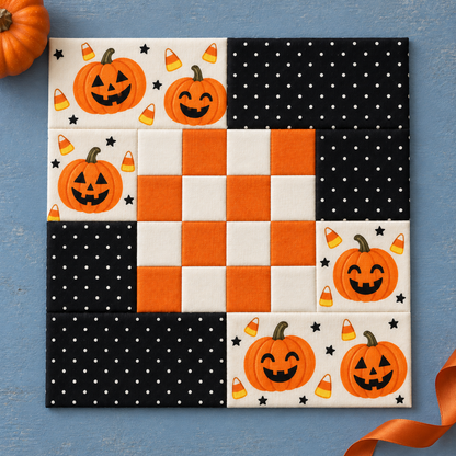 Pumpkin Party Halloween checkerboard quilt block with orange checks, smiling pumpkin prints and black polka dots — AI-generated styling illustration