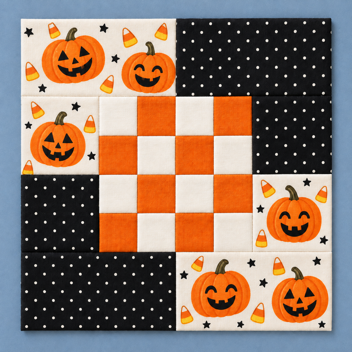 Square Pumpkin Party Halloween quilt block on a blue background — AI-generated styling illustration
