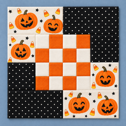 Square Pumpkin Party Halloween quilt block on a blue background — AI-generated styling illustration