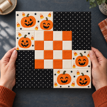 Hands displaying the Pumpkin Party Halloween patchwork block — AI-generated styling illustration