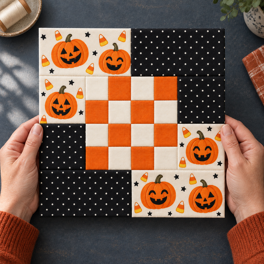 Hands displaying the Pumpkin Party Halloween patchwork block — AI-generated styling illustration