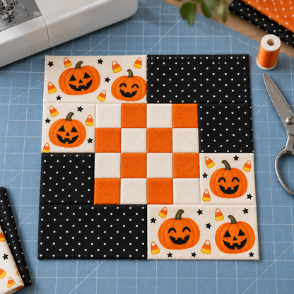 Pumpkin Party checkerboard quilt block beside sewing tools — AI-generated styling illustration
