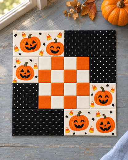 Pumpkin Party Halloween quilt block in soft window light — AI-generated styling illustration