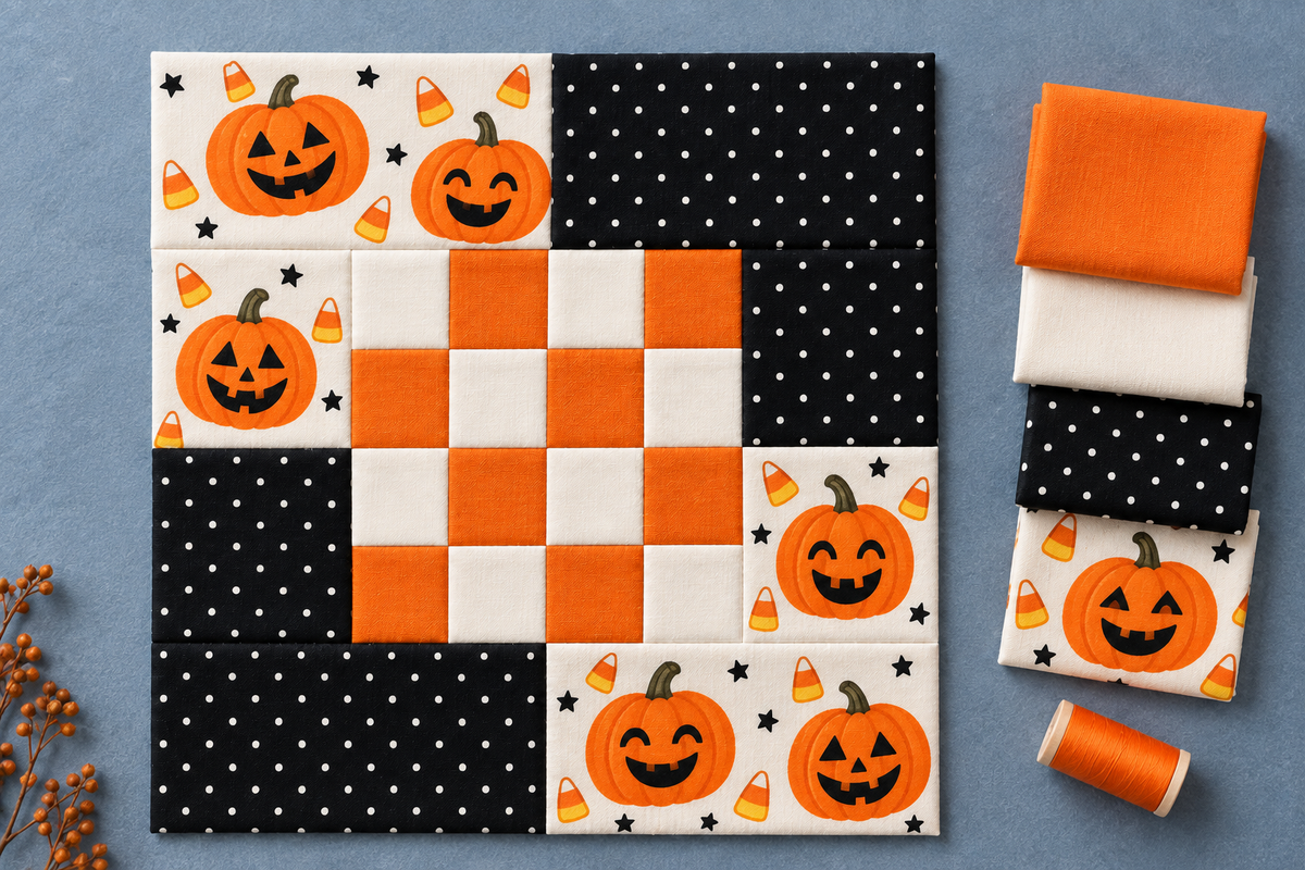 Pumpkin Party block with coordinating orange, ivory and polka-dot fabric inspiration — AI-generated illustration; fabrics not included