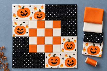 Pumpkin Party block with coordinating orange, ivory and polka-dot fabric inspiration — AI-generated illustration; fabrics not included