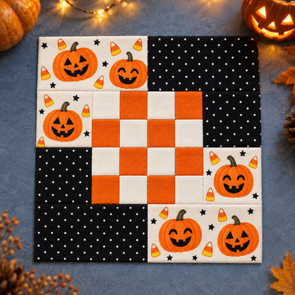 Pumpkin Party quilt block with warm Halloween lantern styling — AI-generated illustration
