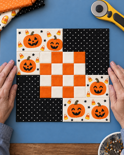 Hands beside the square Pumpkin Party quilt block on a sewing surface — AI-generated styling illustration