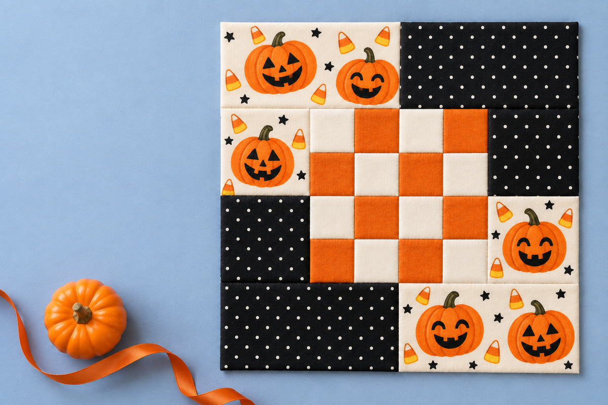 Pumpkin Party Halloween quilt block banner on a blue background — AI-generated styling illustration