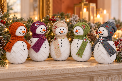 Row of quilted fabric snowman ornaments on a holiday mantel with candles and garland