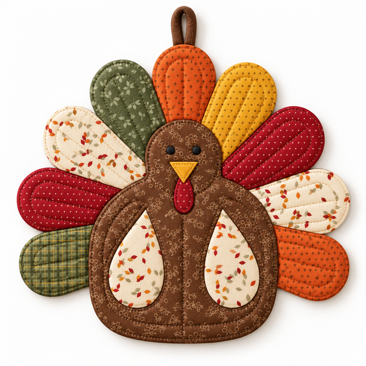 Quilted turkey potholder on a white background showing appliqué wings, beak, wattle and nine quilted tail feathers