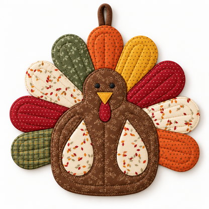 Quilted turkey potholder on a white background showing appliqué wings, beak, wattle and nine quilted tail feathers