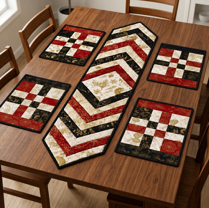 Red and black braided table runner with matching placemats from a printable PDF quilt pattern