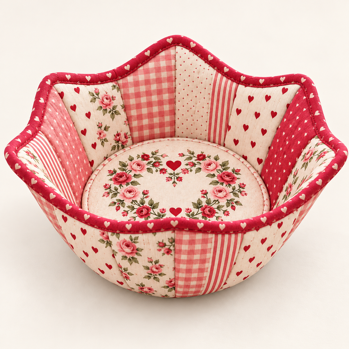 Roseheart patchwork bowl cozy in red, blush pink and ivory with a scalloped heart-print bound rim